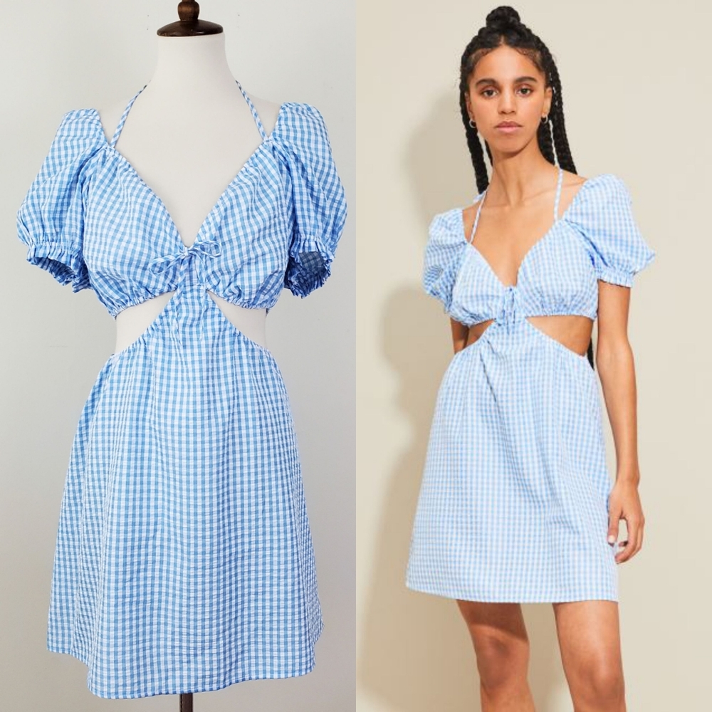 H&M Divided Gingham Cutout Puff Sleeve Dress